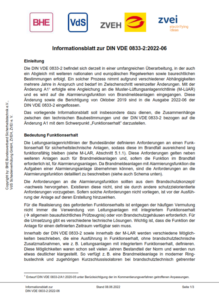 Informationsblatt DIN VDE 0833-2 ZVEI, BHE, VdS, ZVEH