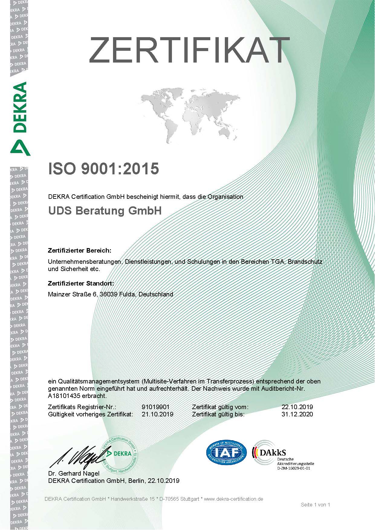 DEKRA Zertifikat der UDS Beratung GmbH in Fulda